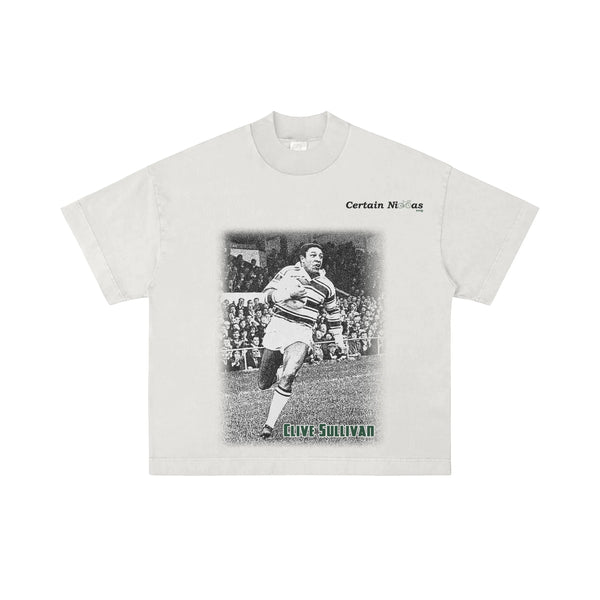 White oversized graphic T-shirt featuring a boxing match design and bold text on the front, Certain Necessities logo visible – premium West Coast streetwear for Los Angeles, San Diego, San Francisco, and Portland