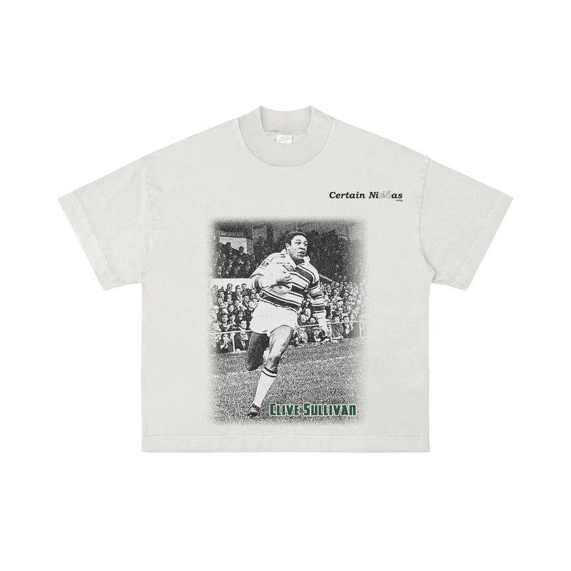 White oversized graphic T-shirt featuring a boxing match design and bold text on the front, Certain Necessities logo visible – premium West Coast streetwear for Los Angeles, San Diego, San Francisco, and Portland