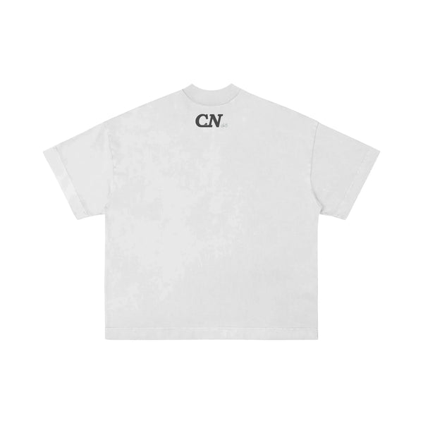 White oversized graphic T-shirt with CN logo on the back, premium Certain Necessities West Coast streetwear for LA, San Diego, SF, and Portland