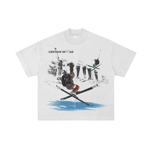 White oversized graphic T-shirt with bold text and design, Certain Necessities logo visible – premium West Coast streetwear for Los Angeles, San Diego, San Francisco, and Portland