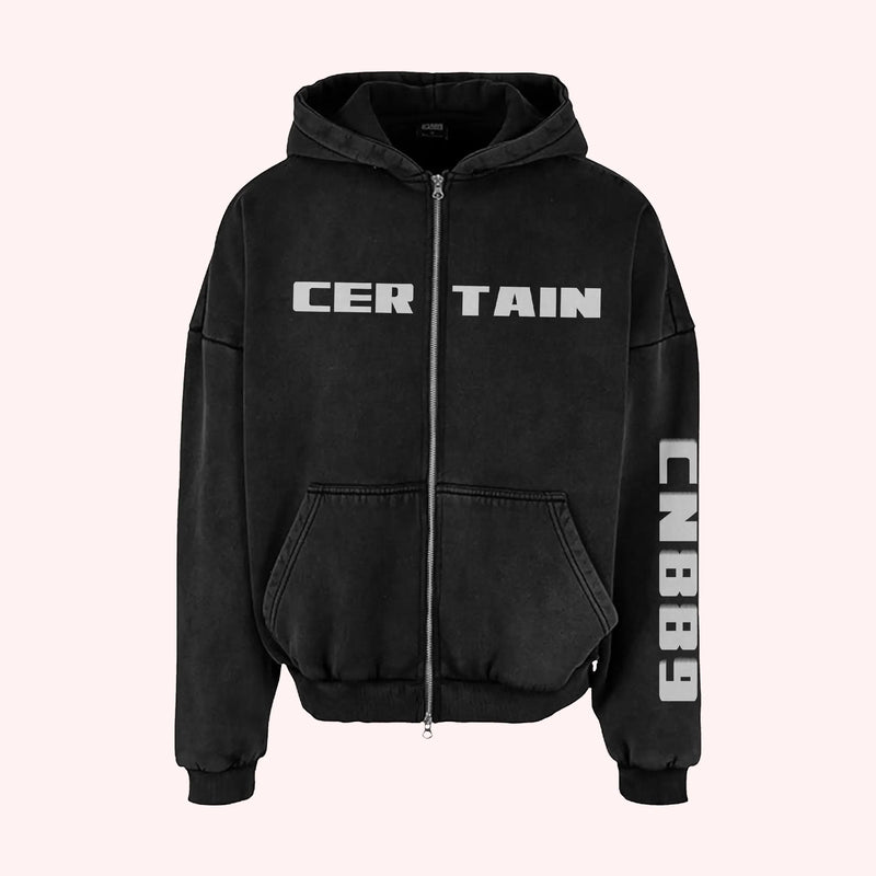 black oversized zip-up hoodie with bold CERTAIN text – heavyweight cotton, west coast streetwear essential